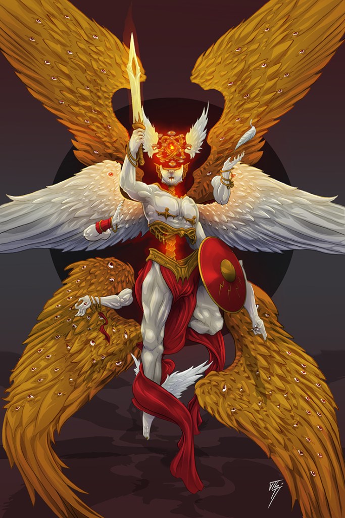 a six-winged, six-armed trans-masc angelic warrior equipped with a shield and flaming short sword