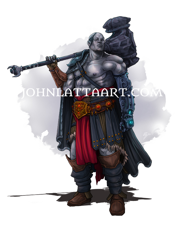 a battle-scarred goliath barbarian (missing right eye, and left arm replaced by an arcane propulsion version) stands dressed in tropies from their adventuring days.