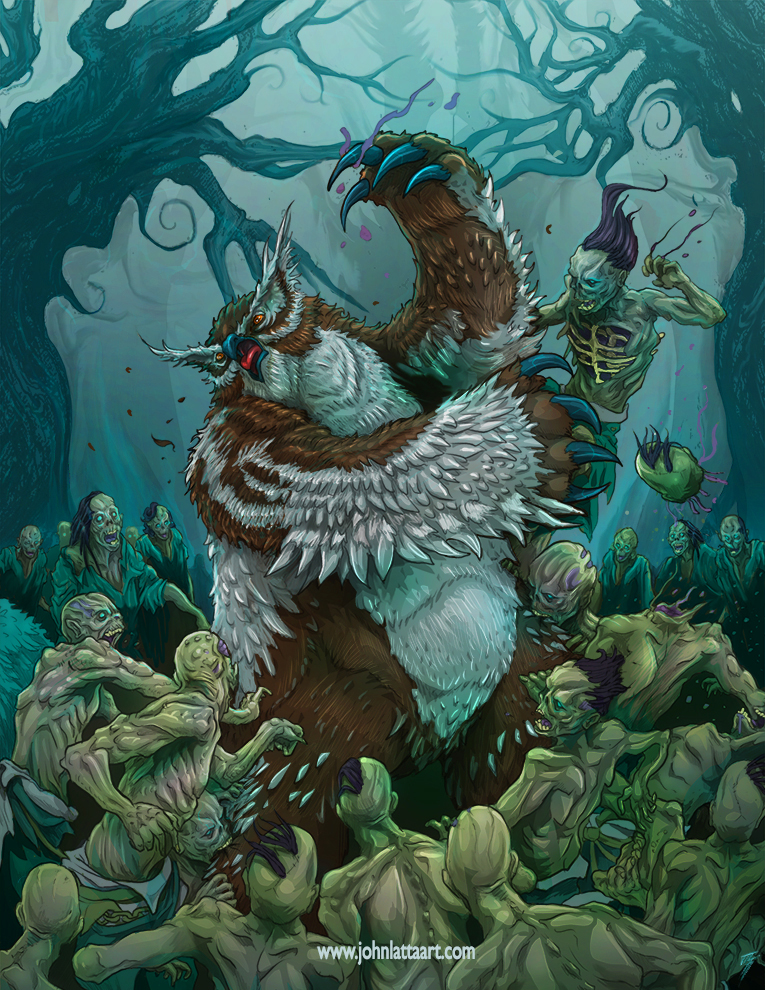 an owlbear takes on a zombie horde in an ancient forest clearing.