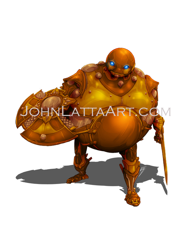 a pot-bellied automaton with sword and shield attachments.